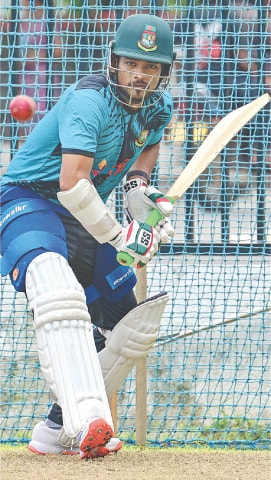 Bangladesh captain Najmul Hossain Shanto bats in the nets during a practice session at the Galle International Cricket Stadium on Sunday.
—AFP