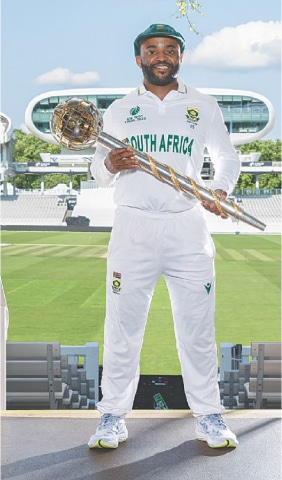 LONDON: South African captain Temba Bavuma poses with the World Test Championship Mace at Lord’s in a portrait released by the International Cricket Council on Sunday.—courtesy ICC