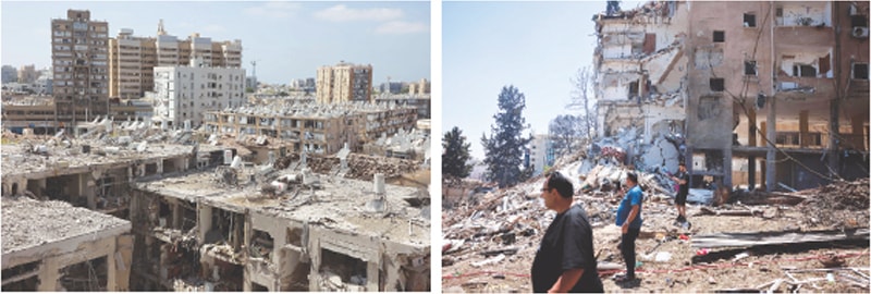 (LEFT) A view of damaged buildings following an overnight Iranian missile strike in Bat Yam; and (right) residents check the destruction in Rohovot area of Tel Aviv on Sunday.—AFP