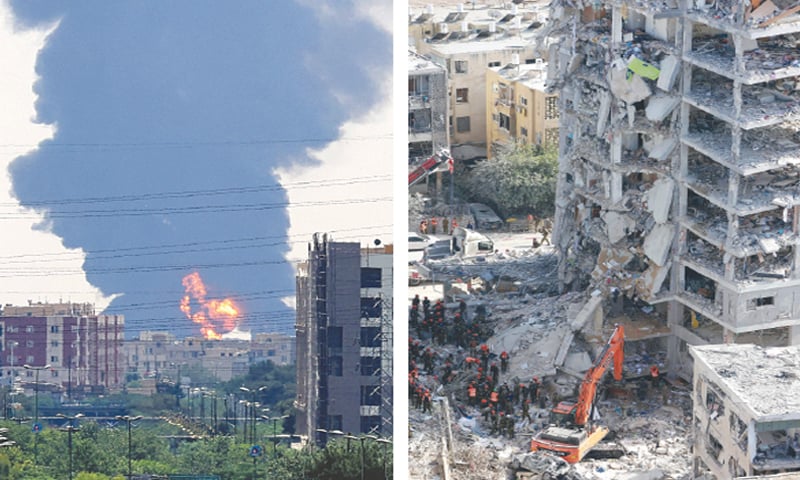 (LEFT) A plume of heavy smoke and fire rises from an oil refinery in southern Tehran after it was hit in an overnight Israeli strike; while (right) Israeli rescuers search through the rubble of a high-rise building damaged by an Iranian missile strike in Bat Yam.—AFP