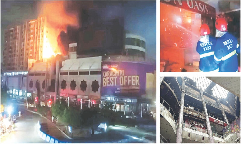 (clockwise from left): Flames billow from Millennium Mall on Rashid Minhas Road; firefighters hose down a burning shop; and, burnt roof and blackened walls are visible inside the mall.—PPI