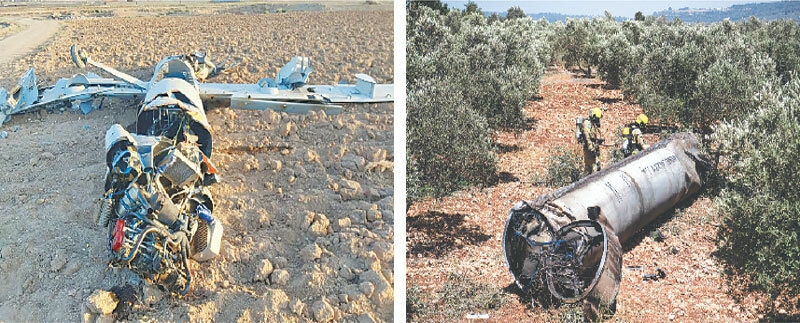 (LEFT) A destroyed Israeli drone is seen in this handout image from Isfahan; while (right) members of the Israeli special forces check the apparent remains of an Iranian ballistic missile in northern Israel.—Reuters
