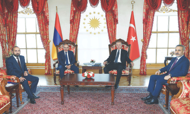 PRESIDENT Recep Tayyip Erdogan of Turkiye (centre-right), Armenia&rsquo;s Prime Minister Nikol Pashinyan (centre-left), Turkish Foreign Minister Hakan Fidan (right) and his Armenian counterpart Ararat Mirzoyan (left) meet at the Dolmabahce palace in Istanbul.&mdash;AFP