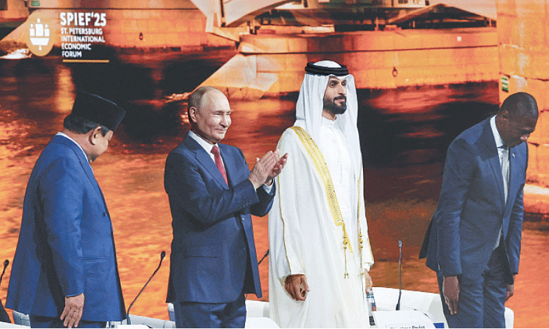 Indonesia’s President Prabowo Subianto (left), Russian President Vladimir Putin, Bahrain’s National Security Adviser Sheikh Nasser bin Hamad Al Khalifa and South Africa’s Deputy President Paul Mashatile attend a session of the St. Petersburg International Economic Forum on Friday.—Reuters