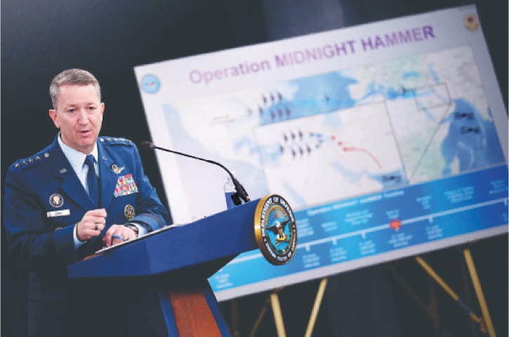 ARLINGTON (Virginia): Chairman of the Joint Chiefs of Staff General Dan Caine discusses mission details of a strike on Iran, at a Pentagon briefing.—AFP