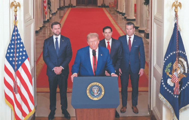 US President Donald Trump announces strikes on Iran’s nuclear sites, alongside VP JD Vance, and secretaries Marco Rubio and Pete Hegseth.—AFP