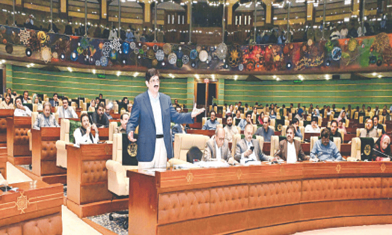 SINDH CM Syed Murad Ali Shah speaks in the provincial assembly on Monday to wind up debate on budget.—PPI