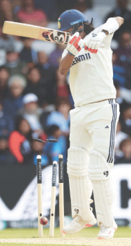 INDIAN opener K.L. Rahul is cleaned up by England pacer Brydon Carse during the first Test at Headingley on Monday.&mdash;AFP