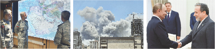 (LEFT to right) Iranian army commander-in-chief Amir Hatami is seen in the Iranian Army&rsquo;s War Command Room; a plume of smoke rises after an Israeli strike in downtown Tehran; and, Russian President Vladimir Putin shakes hands with Iranian Foreign Minister Abbas Araqchi during a meeting at the Kremlin.&mdash;Reuters