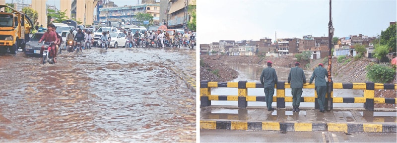  Vehicles ply on the inundated Murree Road at Marrir Chowk while Rescue 1122 officials watch Leh Nullah from Gawalmandi bridge during rain in Rawalpindi on Wednesday. &mdash; Online 