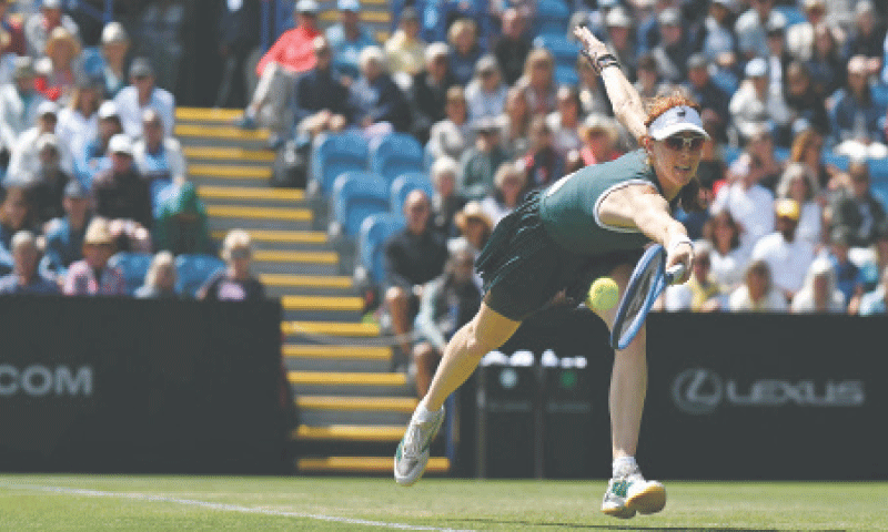 AUSTRALIA&rsquo;S Maya Joint hits a return against Anna Blinkova of Russia during their Eastbourne quarter-final on Thursday.&mdash;AFP