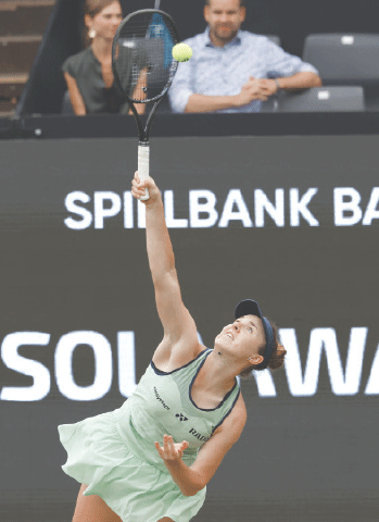 Czech Republic&rsquo;s Linda Noskova serves during her Bad Homburg Open semi-final against Jessica Pegula of the US at the Bad Homburg Tennis Club on Friday.&mdash;Reuters