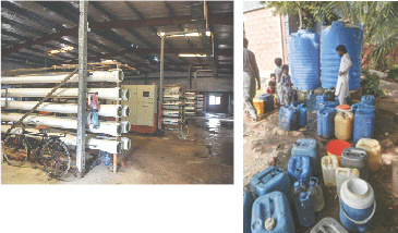 The RO plant has been non-functional due to broken and stolen parts. People (right) come to fill water from a makeshift system installed at the back of the plant. —Fahim Siddiqi / White Star