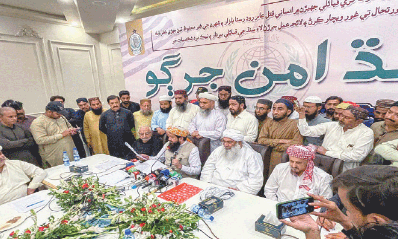 A VIEW of proceedings of the ‘grand jirga’ under way in a local hotel in Sukkur.—Dawn