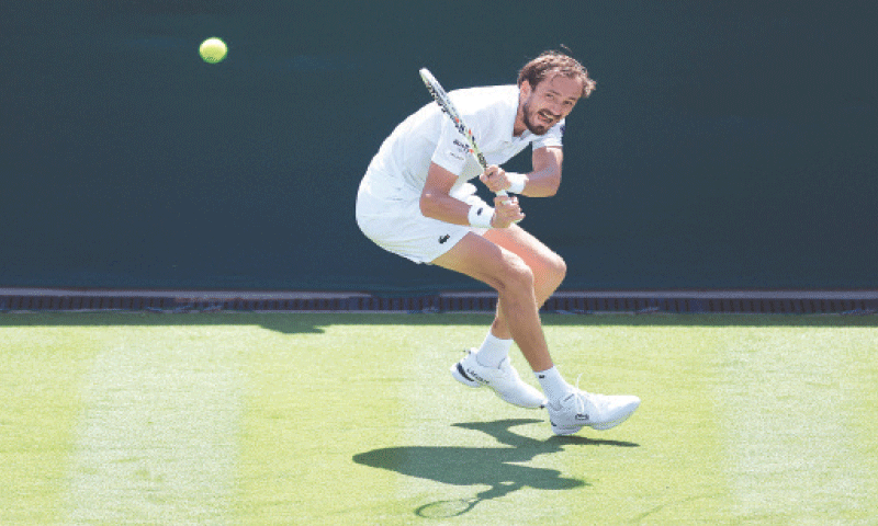 RUSSIA&rsquo;S Daniil Medvedev in action during his Wimbledon first-round match against Benjamin Bonzi of France at the All England Lawn Tennis and Croquet Club on Monday.&mdash;Reuters