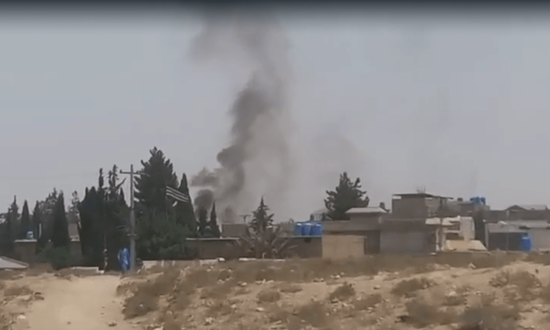 Smoke billows after terrorists attacked government offices in Balochistan’s Mastung district on July 1, 2025. — screengrab from video via author