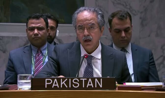 Pakistan’s UN Ambassador Asim Iftikhar Ahmad speaks during a UNSC briefing, June 30. — DawnNewsTV