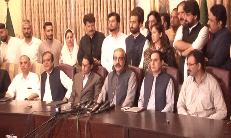 Senior PTI leaders address a press conference in Islamabad on July 2. — DawnNews TV