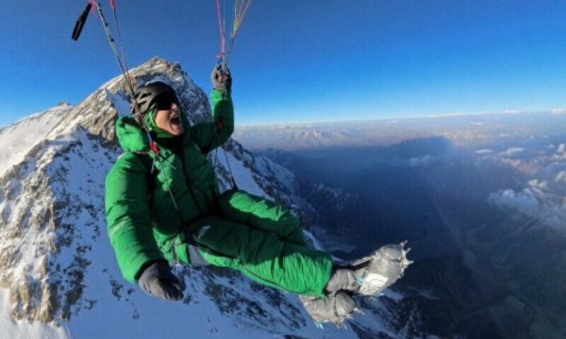 David Göttler makes his way down from the Nanga Parbat summit. —Photo by the writer