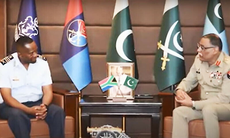 South Africa&rsquo;s Chief of the Air Force, Lieutenant General Wiseman Simo Mbambo, calls on Chairman Joint Chiefs of Staff Committee (CJCSC) General Sahir Shamshad Mirza at Joint Staff Headquarters in Rawalpindi in July 3, 2025. &mdash; screengrab via ISPR&rsquo;s YouTube channel