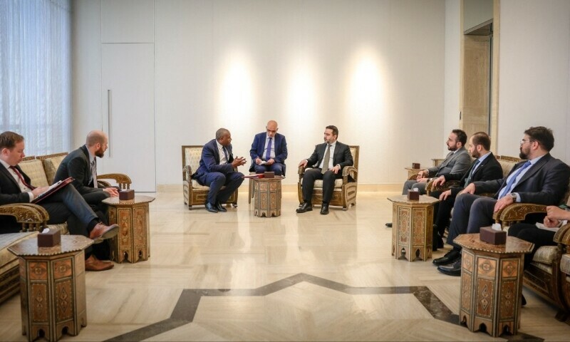 Syria’s interim foreign minister Asaad al-Shaibani (C-R) meeting with British Foreign Secretary David Lammy (C-L) in Damascus, Syria, July 5. — AFP