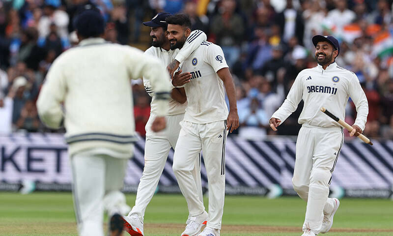 India&rsquo;s Akash Deep (C) is congratulated after taking the final wicket as India win the second test against England by 336 runs at Edgbaston cricket ground in Birmingham, central England on July 6. &mdash; AFP