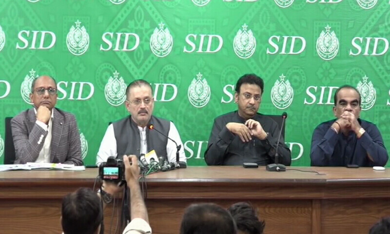 Sindh Senior Minister Sharjeel Inam Memon addresses a press conference in Karachi alongside Home Minister Ziaul Hasan Lanjar and Local Government Minister Saeed Ghani on July 7, 2025. — DawnNewsTV