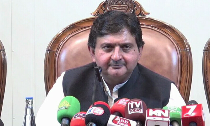 Punjab Assembly Speaker Malik Ahmad Khan addresses a press conference on July 7. — DawnNews TV