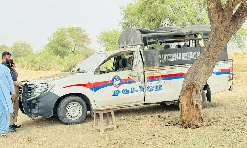 A highway police vehicle stands damaged after an attack on it, which injured three cops, in Balochistan’s Nasirabad District on July 7, 2025. — DawnNewsTV