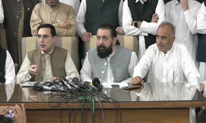 PTI Chairman Barrister Gohar Khan and other leaders address a press conference in Islamabad. — DawnNewsTV