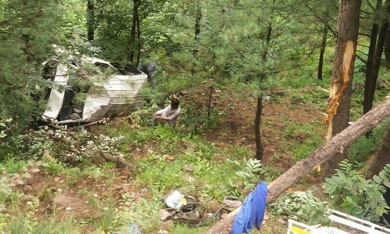 The crashed school van near Tambrial Mor in Azad Jammu and Kashmir’s Jhelum Valley. — AJK police