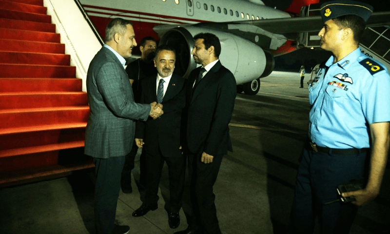 Turkish Foreign Minister Hakan Fidan is received by Additional Secretary (West Asia), Ambassador Syed Ali Asad Gillani, at Nur Khan Airbase on July 9, 2025 as he arrives for an official visit. — PID