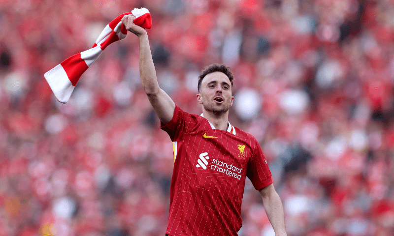 Liverpool&rsquo;s Diogo Jota celebrates after winning the Premier League in Anfield, Liverpool, Britain on April 27, 2025. &mdash;Reuters