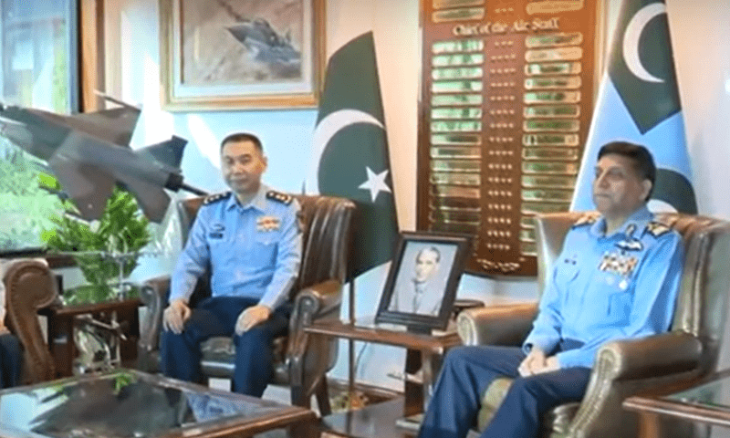 Lieutenant General Wang Gang, chief of the People’s Liberation Army Air Force, meets with PAF’s Air Chief Marshal Zaheer Ahmed Baber Sidhu, in Islamabad on July 8, 2025. — screengrab via YouTube/ISPR