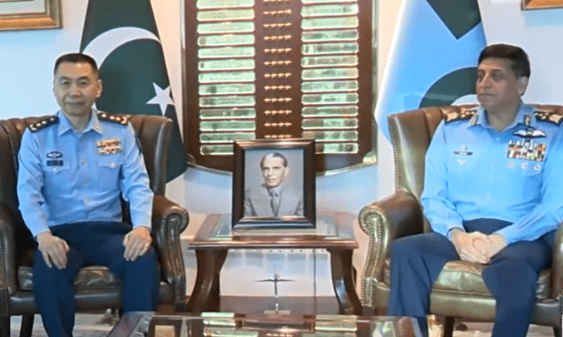 Lieutenant General Wang Gang, chief of the People’s Liberation Army Air Force, meets with PAF’s Air Chief Marshal Zaheer Ahmed Baber Sidhu, in Islamabad on July 8, 2025. — screengrab via YouTube/ISPR