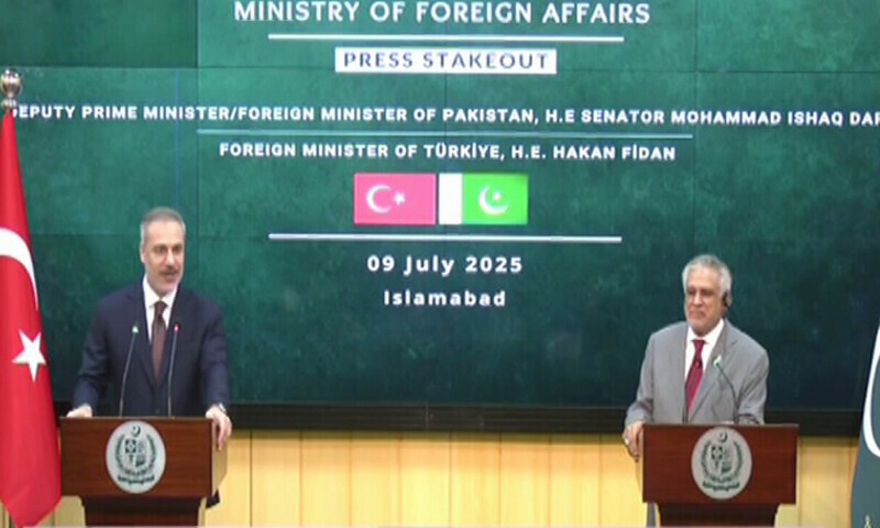 Deputy Prime Minister and Foreign Minister Ishaq Dar holds a press briefing with Turkish Foreign Minister Hakan Fidan in Islamabad on July 9, 2025. — DawnNewsTV