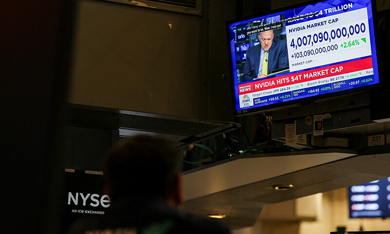 A screen displays news on “Nvidia hits $4T market cap” on the floor at the New York Stock Exchange (NYSE) in New York City, US on July 9, 2025. — Reuters
