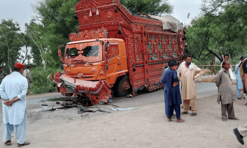 A photo of damage to the front of a truck after its collision with a car in DI Khan on July 10. — Rescue 1122