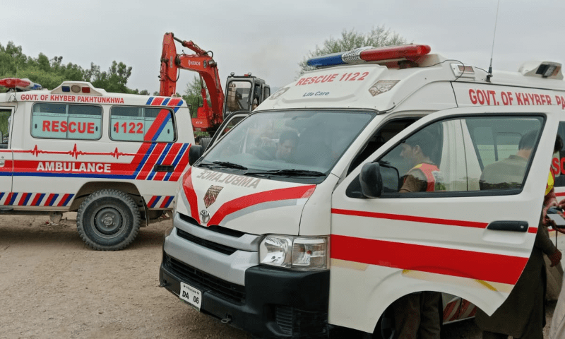 A photo of Rescue 1122 ambulances at the scene of a traffic collision in DI Khan on July 10. — Rescue 1122