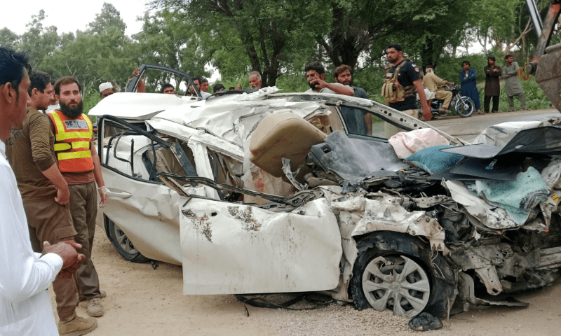 A photo of a wrecked car after its collision with a truck in DI Khan on July 10. — Rescue 1122