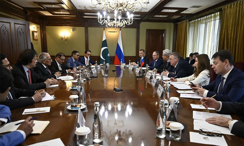 SAPM on Foreign Affairs Syed Tariq Fatemi and SAPM on Industries and Production Haroon Akhtar Khan, meet Russia’s Deputy Prime Minister Alexei Overchuk in Moscow, Russia on July 10, 2025. —  —  Pakistan Embassy, Moscow/ X
