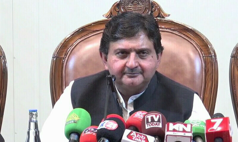 Punjab Assembly Speaker Malik Ahmad Khan addresses a press conference in Lahore on July 7. — DawnNews TV
