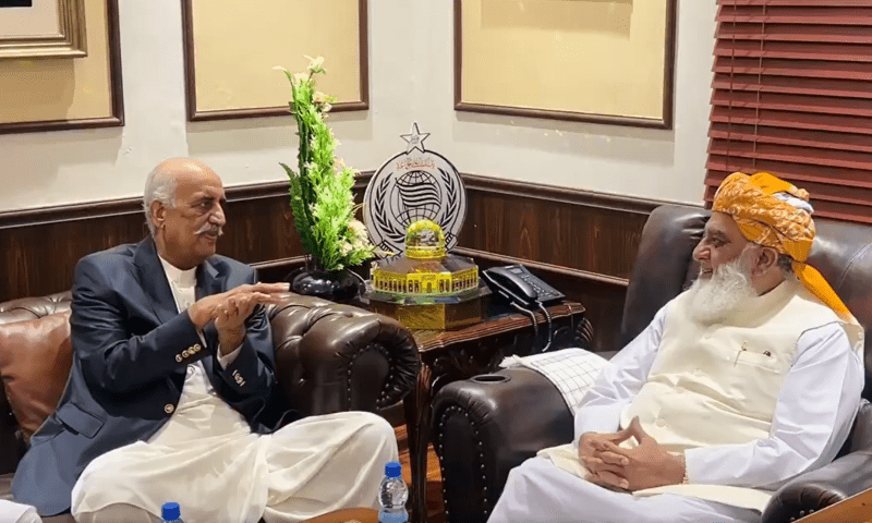 PPP’s Syed Khursheed Shah meets with JUI-F chief Maulana Fazlur Rehman at the latter’s residence on July 11, 2025. — X/juipakofficial