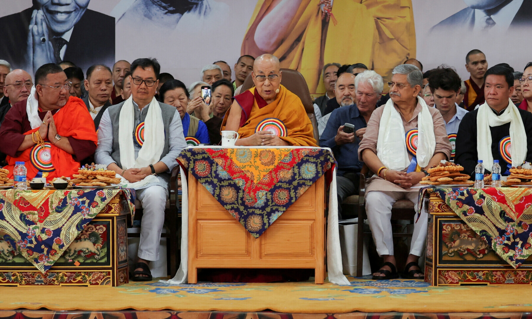 India’s Minister of Parliamentary Affairs Kiren Rijiju (L), Actor Richard Gere, Arunachal Pradesh CM Pema Khandu, and Sikyong of the Central Tibetan Administration Penpa Tsering, sit with Tibetan spiritual leader, the 14th Dalai Lama, as he speaks during his 90th birthday celebration at the Tsuglagkhang, also known as the Dalai Lama Temple complex, in Dharamshala, India on July 6, 2025. — Reuters/Anushree Fadnavis/File Photo