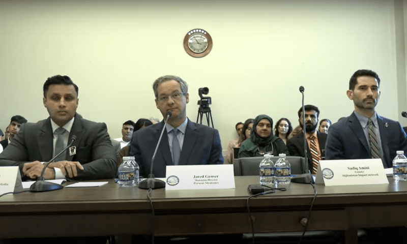 PTI leader Zulfi Bukhari, Perseus Strategies’ Managing Director Jared Genser and Afghanistan Impact Network founder Sadiq Amini attend  a congressional hearing on Pakistan in Washington on July 15, 2025.  screengrab via YouTube