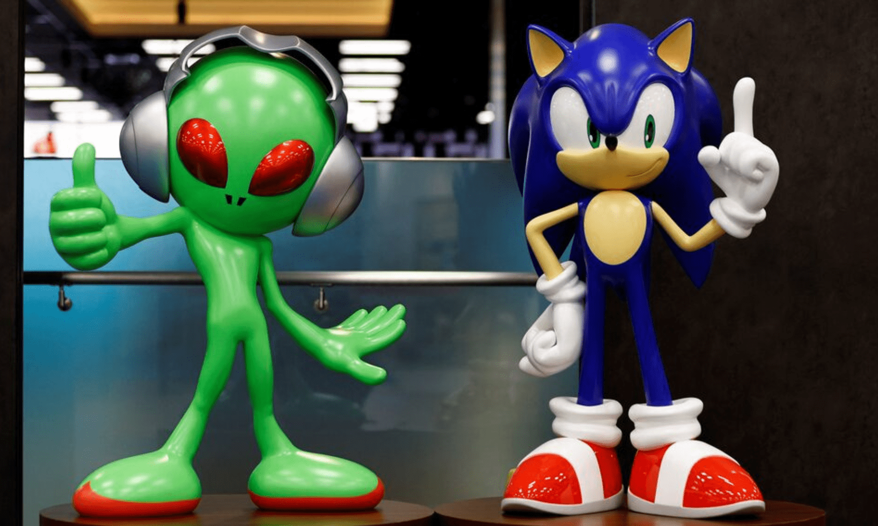 A model of Sega Sammy character ‘Aliyan’ and Sega character ‘Sonic the Hedgehog’ are pictured at its headquarters in Tokyo, Japan on February 16, 2022. — Reuters