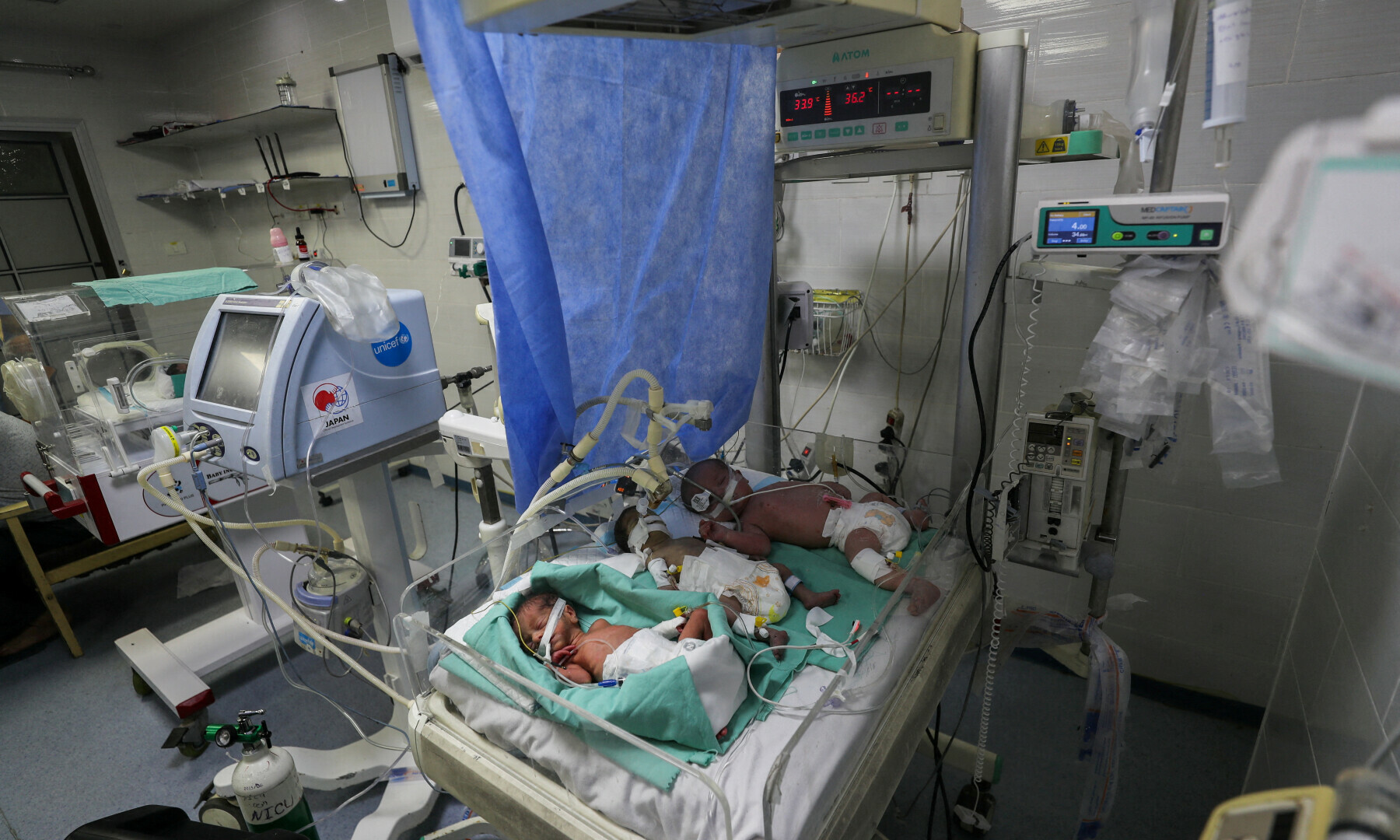 Palestinian newborns share an incubator at Al-Helou hospital due to fuel crisis, according to medics, amid the Israeli military offensive, in Gaza City on July 10, 2025. — Reuters/Mahmoud Issa