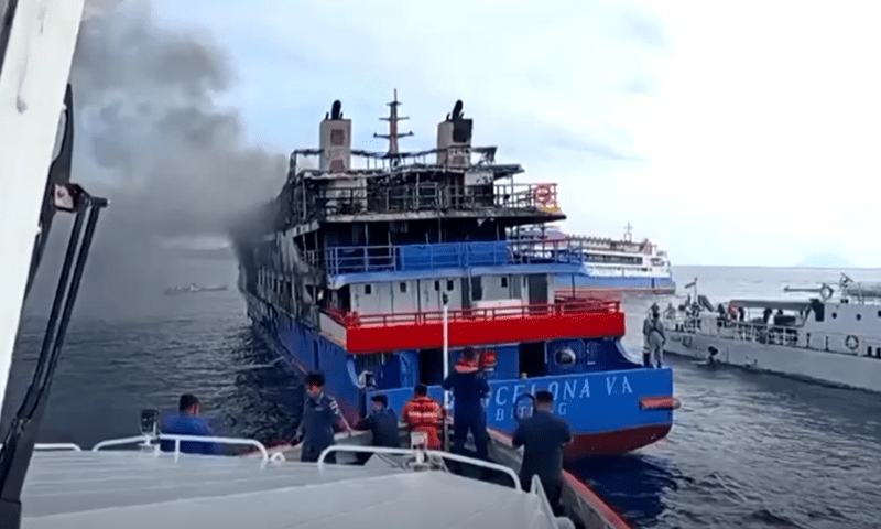 Indonesia’s coast guard attends to a ship that caught fire off the coast of Sulawesi on Sunday (July 20), video from rescuers showed. — Screengrab via Reuters Indonesia’s coast guard attends to a ship that caught fire off the coast of Sulawesi on Sunday (July 20), video from rescuers showed. — Screengrab via Reuters