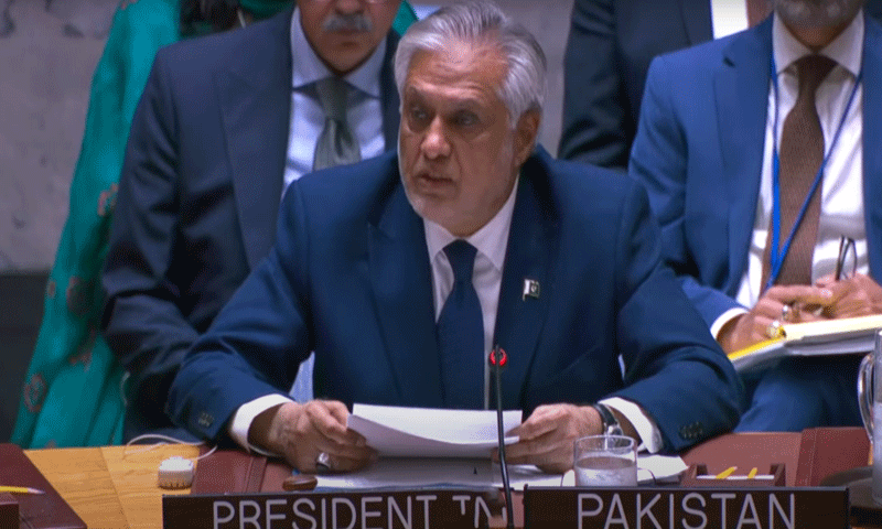 Deputy Prime Minister and Foreign Minister Ishaq Dar opens the United Nations Security Council session on international peace and security in New York, US, July 22. &mdash; DawnNewsTV