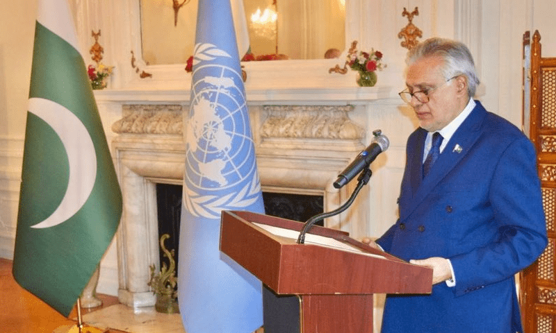 Deputy Prime Minister and Foreign Minister Ishaq Dar addresses a reception today hosted by Pakistan’s Mission in New York on July 23. — X/ForeignOfficePk Deputy Prime Minister and Foreign Minister Ishaq Dar addresses a reception today hosted by Pakistan’s Mission in New York on July 23. — X/ForeignOfficePk